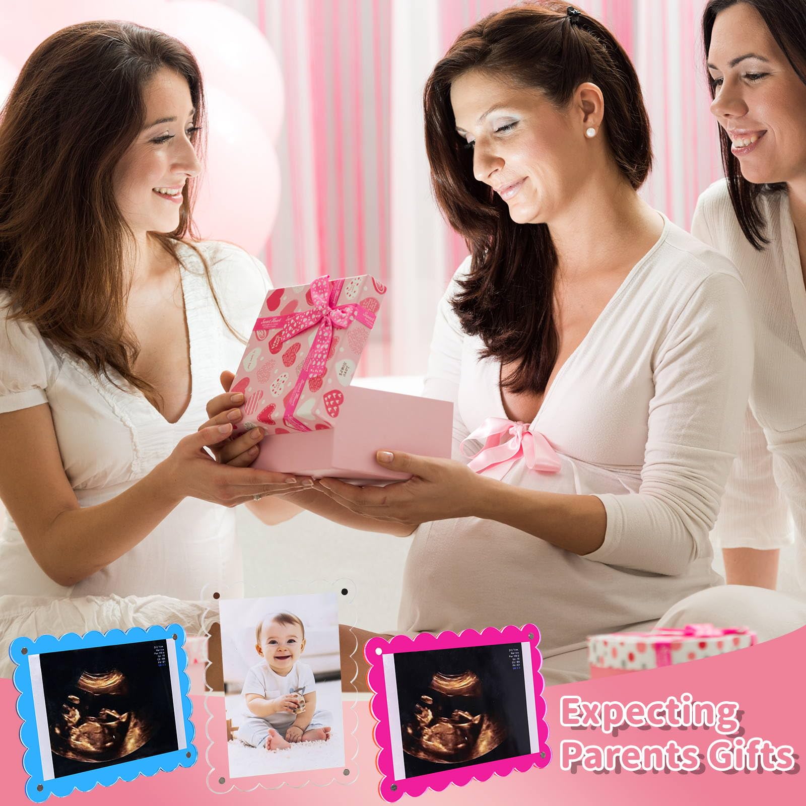 Mlatnod Magnetic Clear Acrylic Scalloped Baby Ultrasound Picture Frame - Sonogram Frame for Refrigerator, Display for Pregnancy Announcement, Gender Reveal & Expecting Parents Gifts(No Stand)