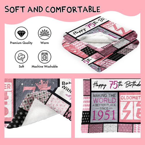 Sunhygge 75th Birthday Gifts for Women Blanket 60"x 50", Gifts for 75 Year Old Woman, 75 Year Old/1951 Birthday Gifts for Women, 75th Birthday Gift Ideas for Mom/Female