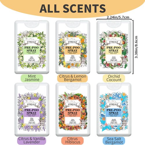 STREALE Travel Size Toilet Spray 6-Pack, Travel Essentials Toiletries, Pocket Size Pre-Poo Spray, Bathroom Odor Deodorizer, Up to 240 Uses, 6 Refreshing Scents (6-Pack, Citrus)