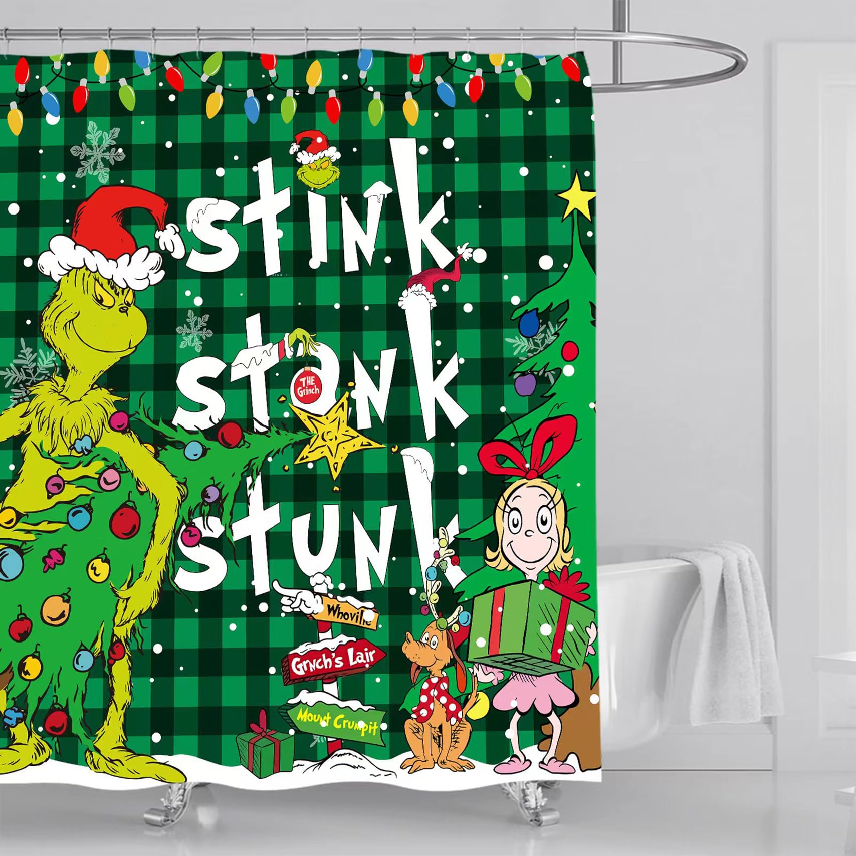 4 Pcs Christmas Shower Curtain Sets with Non-Slip Rugs, Toilet Lid Cover and Non-Slip U Shape Bath Mat, Christmas Bathroom Decor with 12 Hooks Xmas Holiday Home Decor(Green)