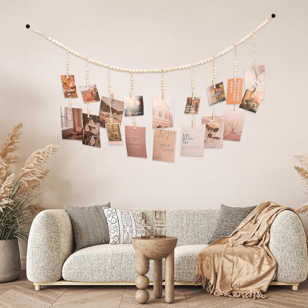 Skiennix Hanging Photo Display - 18 Wood Clips & Boho Wooden Bead Wall Décor for Bedroom & Living Room