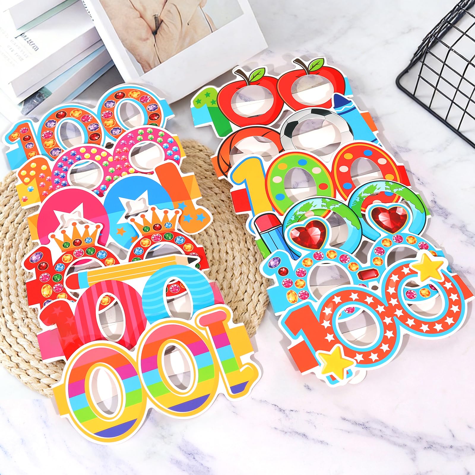 YVAINE 24 Pcs 100 Days of School Party Glasses,Funny Happy 100th Day of School Paper Novelty Glasses Photo Booth Props Frames,100 Days Smarter Costume Supplies Hooray 100 Days Party Eyeglasses