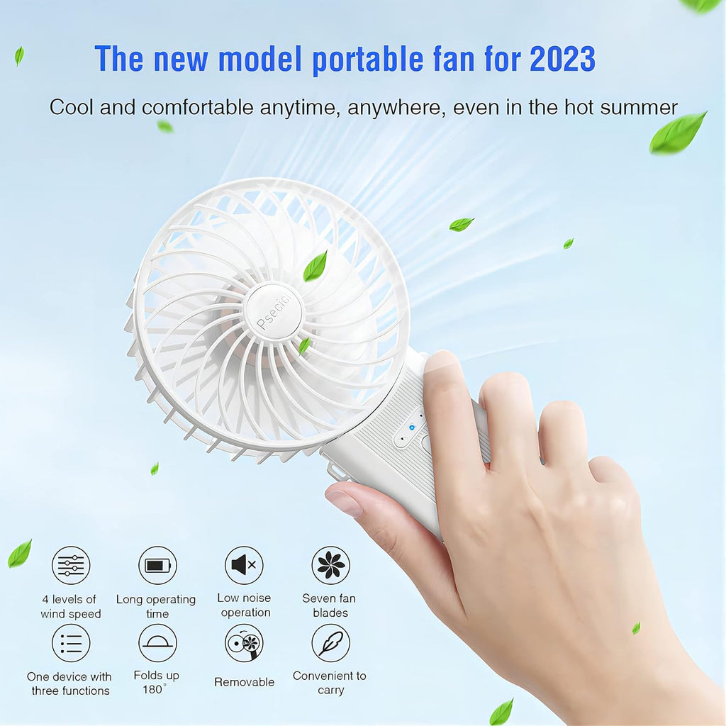 Psecici Mini Portable Handheld Fan - 4 Speed Levels | 180° Foldable Design for Travel & Office