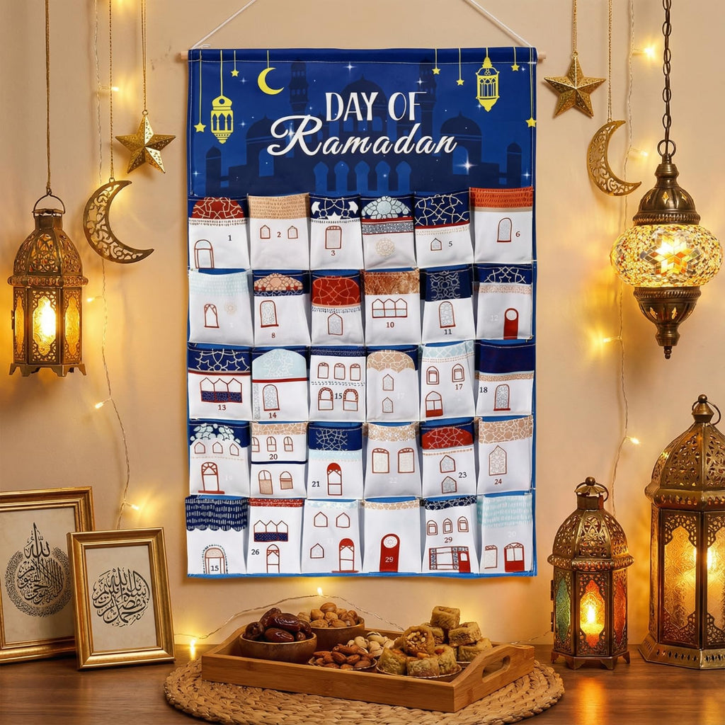Fanfanwin Ramadan Countdown Calendar Fabric 30 Days Mystery Eid Countdown Calendar House Design Ramadan Wall Decor with 30 Pockets Blue Eid Mubarak Poster Gift for Home Wall Decor