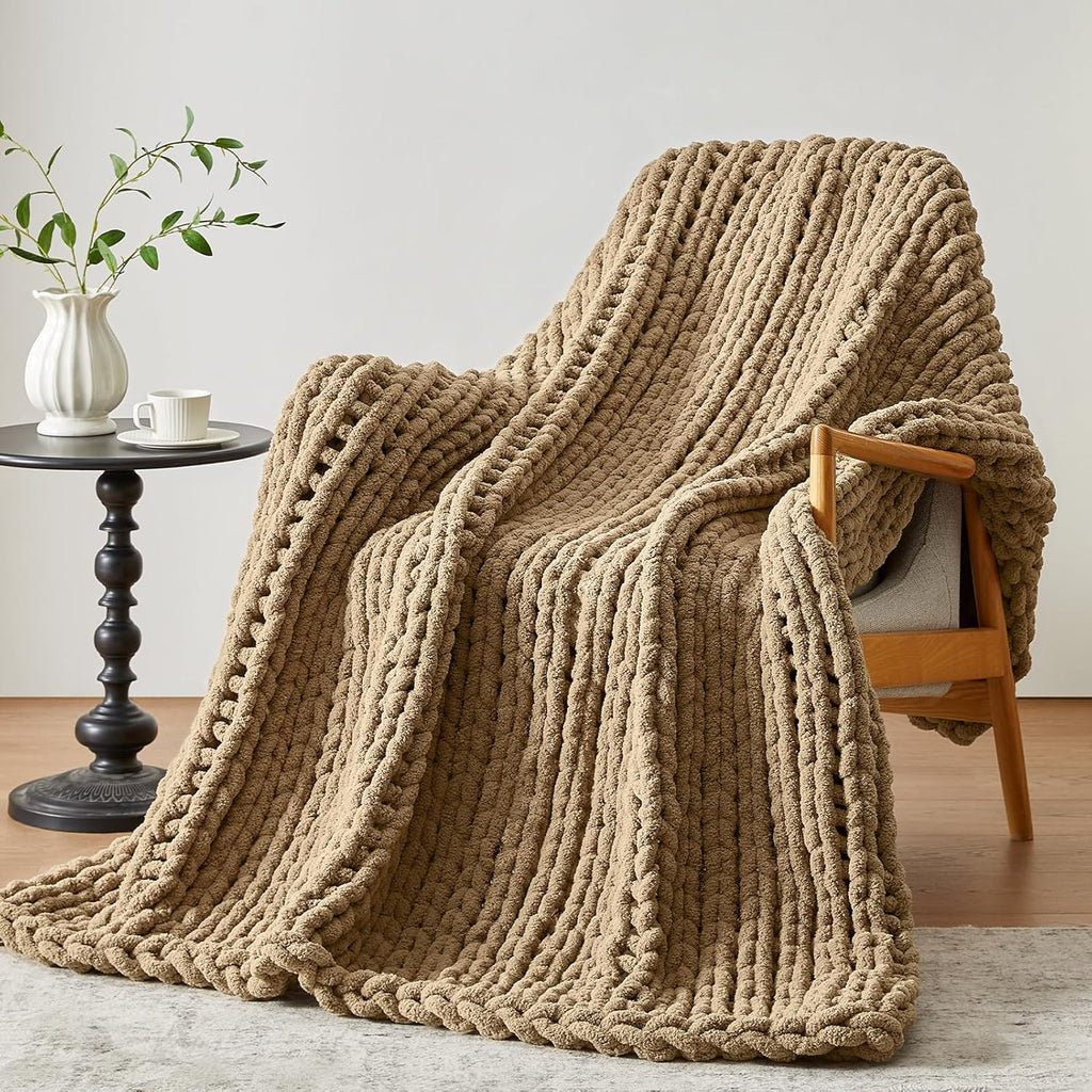 Negwoo Chunky Knit Throw Blanket - Handmade Light Brown Chenille Yarn | Soft & Comfy 40'' x 50'' Size