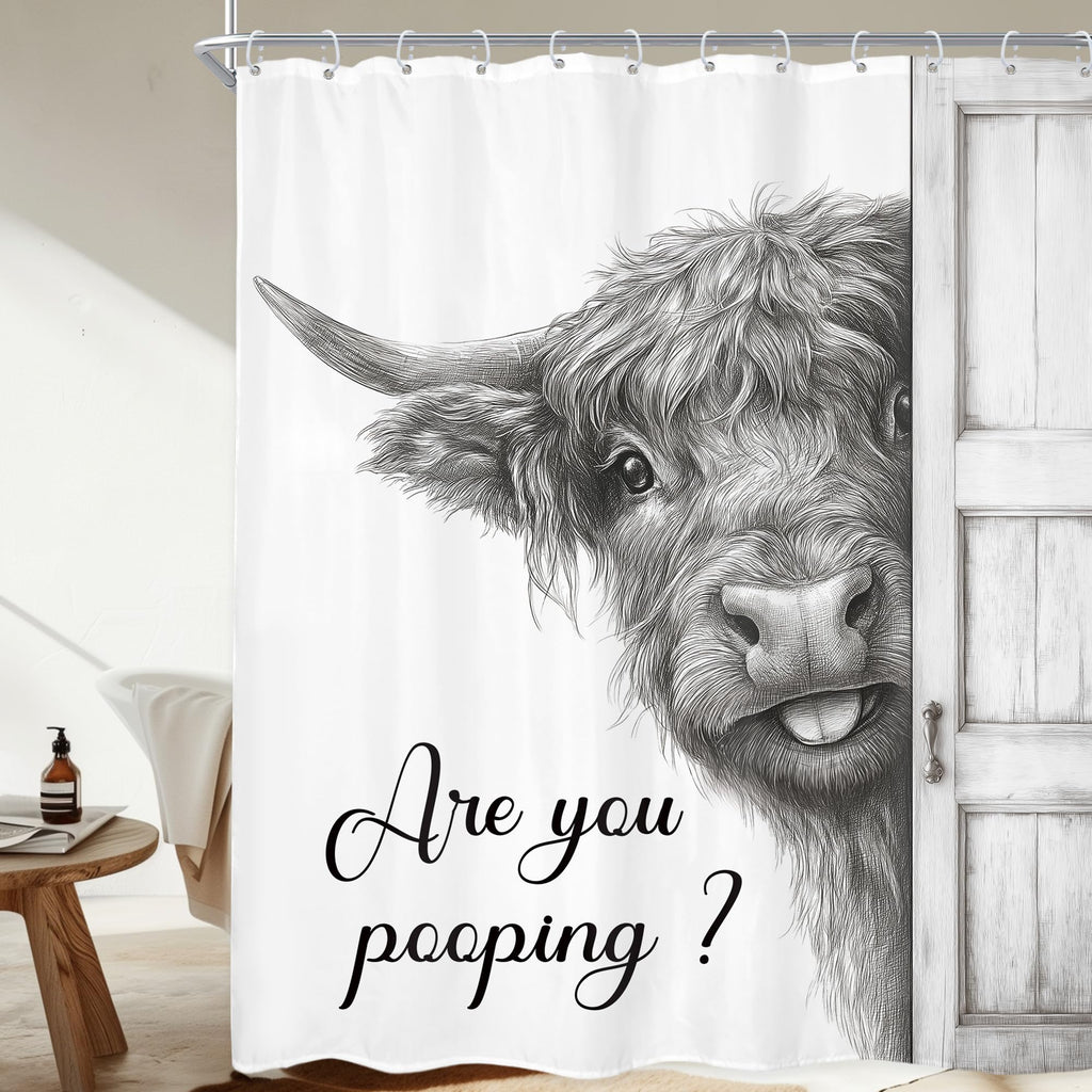 Newsely Funny Highland Cow Shower Curtain 60Wx72L Inch Black and White Rustic Farmhouse Wooden Door Bathroom Set Humorous are You Pooping Waterproof Bath Decoration Accessories Home Decor