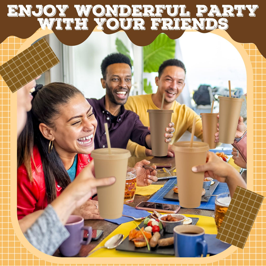 Skylety 12 Pcs Brown Plastic Cups with Lids and Straws 24 oz Reusable Tumbler Large Travel Mug Cup Coffee Beverage Drinks Party Supplies for Wedding Bridal Baby Shower Birthday