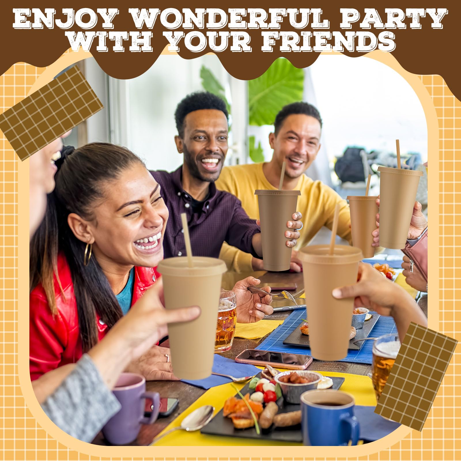 Skylety 12 Pcs Brown Plastic Cups with Lids and Straws 24 oz Reusable Tumbler Large Travel Mug Cup Coffee Beverage Drinks Party Supplies for Wedding Bridal Baby Shower Birthday