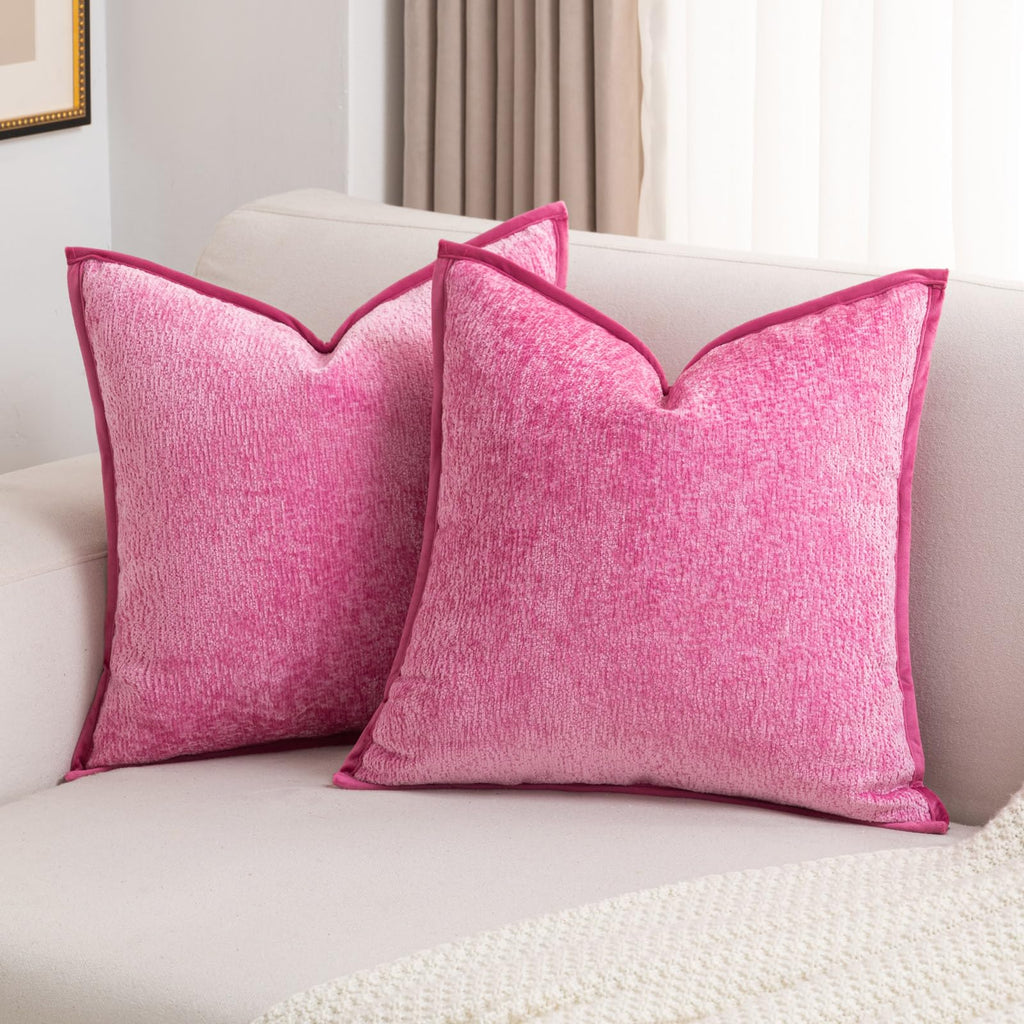 FUTEI Hot Pink Chenille Throw Pillow Covers 18x18 Inch Set of 2,Soft Cozy Bound Edge Design Cushion Case,Home Decor for Couch Bed Living Room