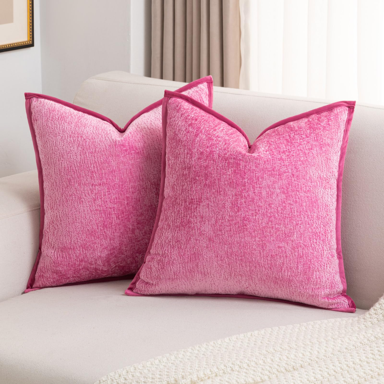 FUTEI Hot Pink Chenille Throw Pillow Covers 18x18 Inch Set of 2,Soft Cozy Bound Edge Design Cushion Case,Home Decor for Couch Bed Living Room