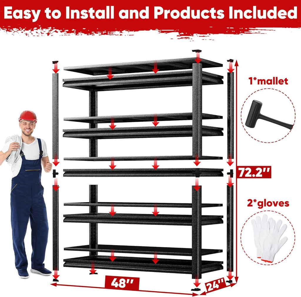 POKIPO Heavy Duty Garage Shelving - 5 Tier Utility Shelf Units, Adjustable Metal Storage Rack | 72"H x 47.2"W x 23.6"D, 3500LBS Capacity