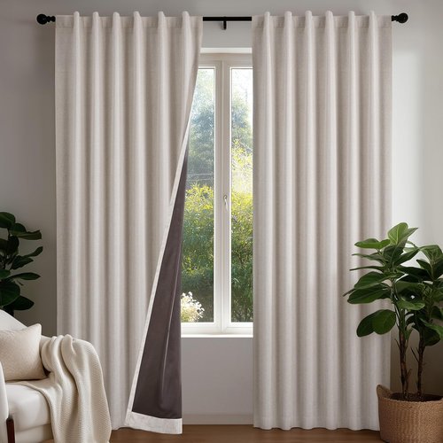 Deconovo 100% Blackout Curtains Faux Linen Look with Coffee Bottom Backing, TPU Invisible Loop Tabs Hidden Hook Design, Thermal Insulated Room Darkening Window Panels, Linen, 52W x 84L, 2 Panels