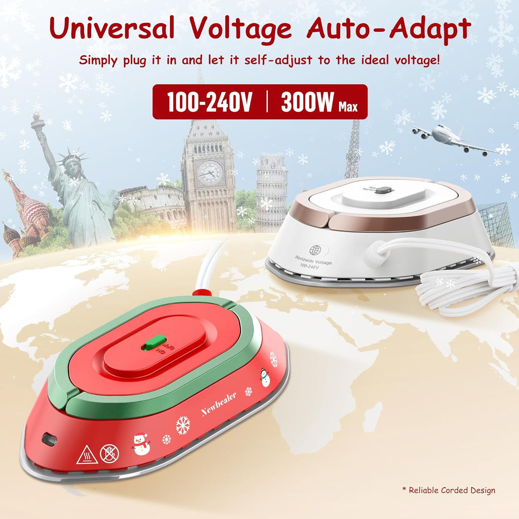 Newbealer Travel Iron - Mini Dry Iron for Clothes | Global Voltage 100-240V, 302℉, 300W, Lightweight Classic Red