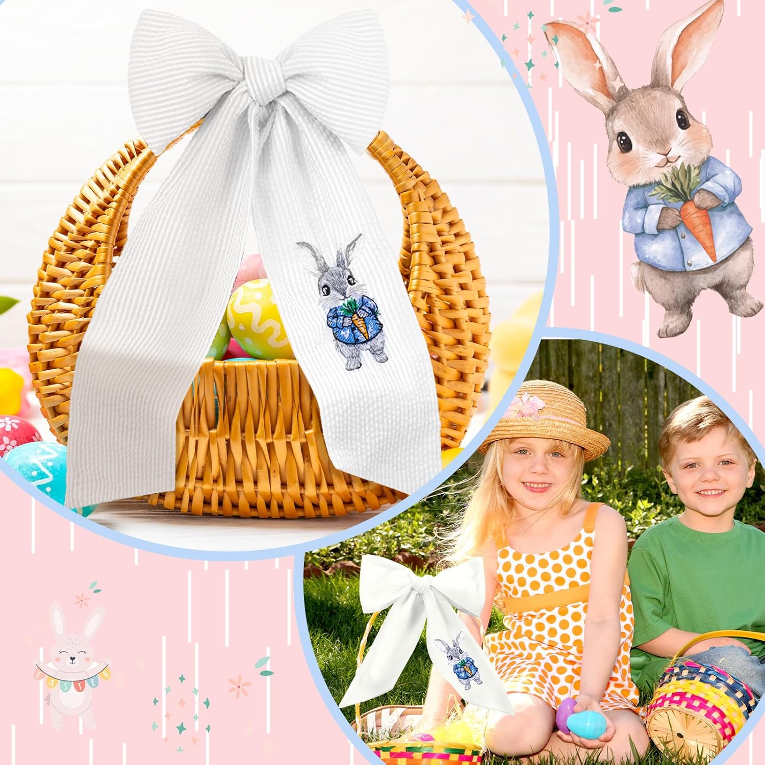 Wavwavw Seersucker Easter Basket - Embroidered Bunny Design with Large Pastel Gift Bow
