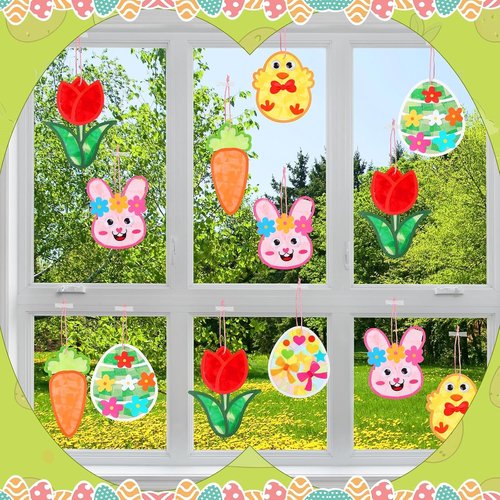 Feifeiya 24 Pack Easter Suncatcher Craft Kit - DIY Window Art with Bunny, Carrot & Egg Designs