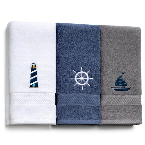 HunnmingRe 3 Pcs Nautical Hand Towels 13.3 x 28.4'' Nautical Bathroom Decor Summer Dark Blue White Cotton Dish Towels Coastal Boat Owners Gift for Home Bath Kitchen Beach Accessories