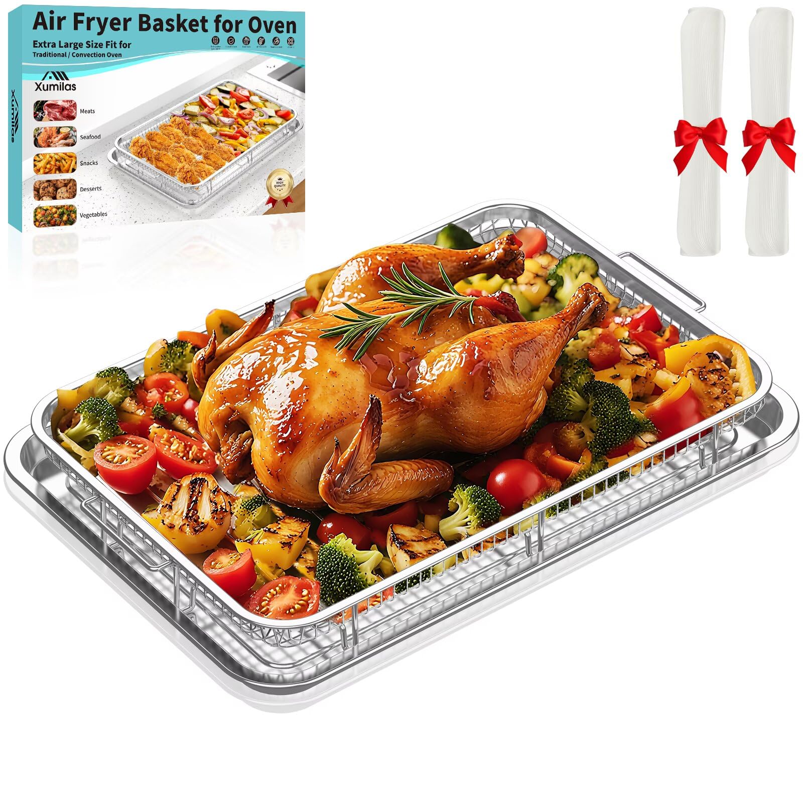 Xumilas Extra Large Air Fryer Basket for Oven, 18.7"x12.8" Stainless Steel Baking Pan & Crisper Tray, Fits Whole Chicken, Commercial-Grade Oven Air Fryer with 30 Parchment Papers, Dishwasher Safe
