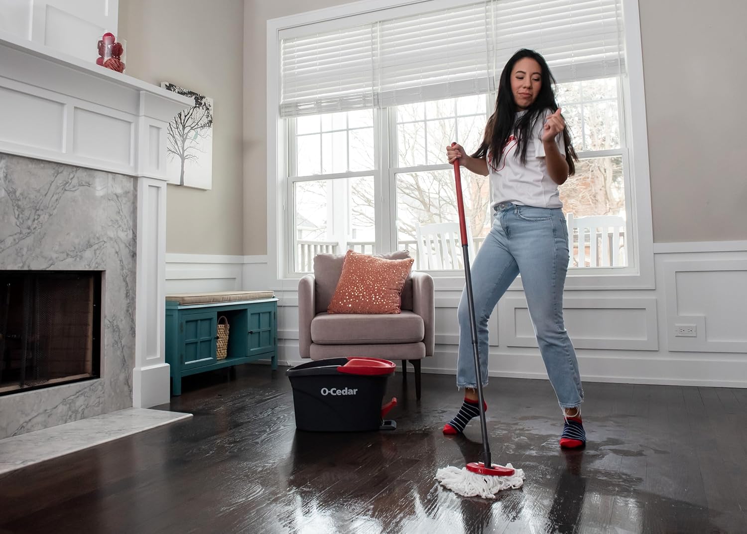O-Cedar EasyWring Microfiber Spin Mop System - Includes 2 Extra Refills | Red/Gray Color