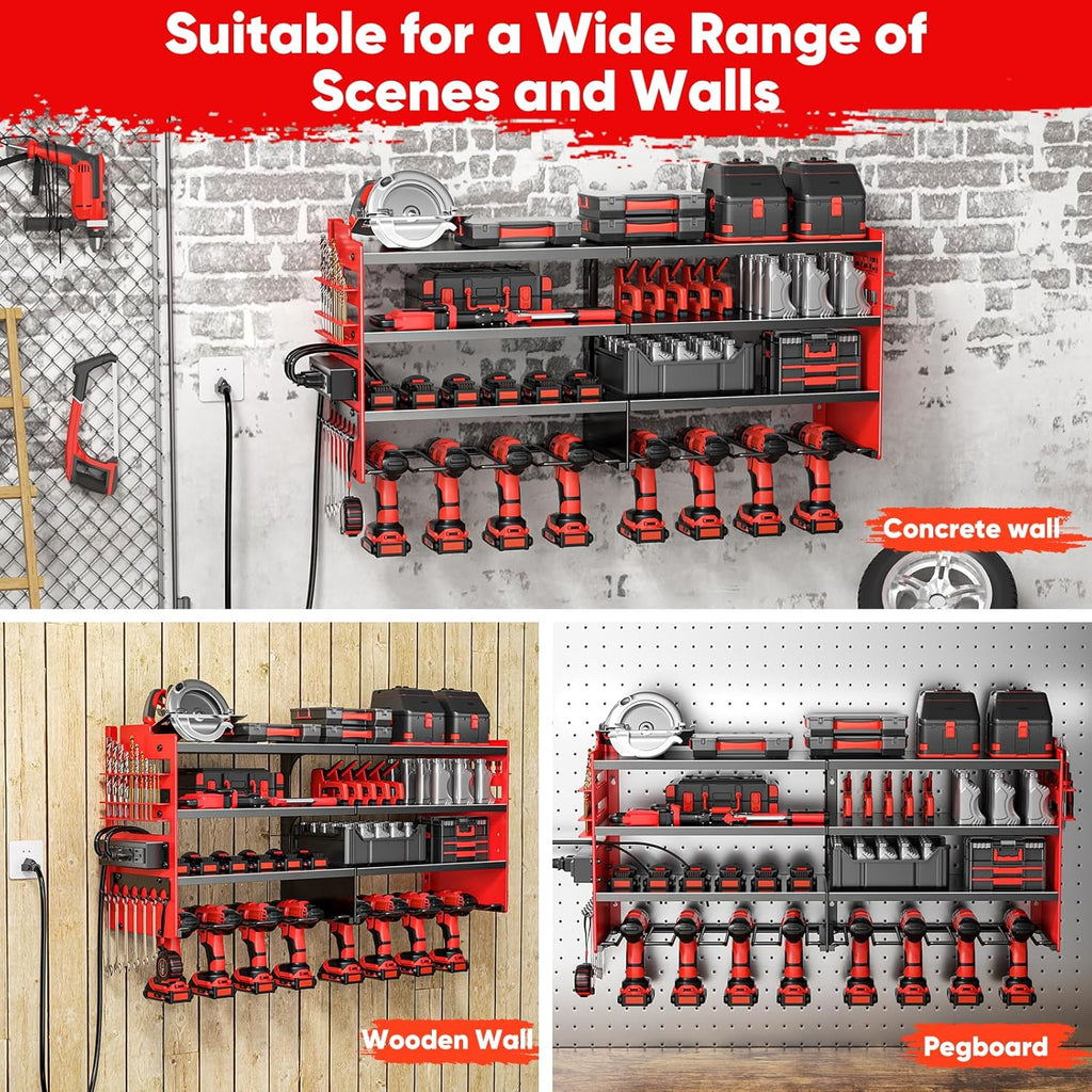 POKIPO Heavy-Duty Tool Organizer - Wall-Mounted Charging Station with 4 Outlet Power Strip | 600lbs Capacity