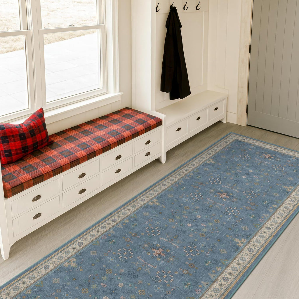 Blue Boho Runner Rug - Washable Non-Slip 2'6''x8' Hallway Rug with Colorful Floral Print