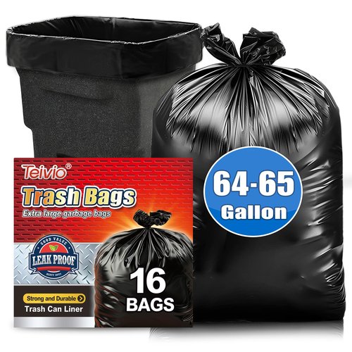 Teivio Large Black Trash Bags 64-65 Gallon 16 Counts Industrial Sturdy Garbage Bags, Extra Large Lawn and Leaf Bags Outdoor Commercial Trash Can Liner for Construction Sites, Workshops, Backyard