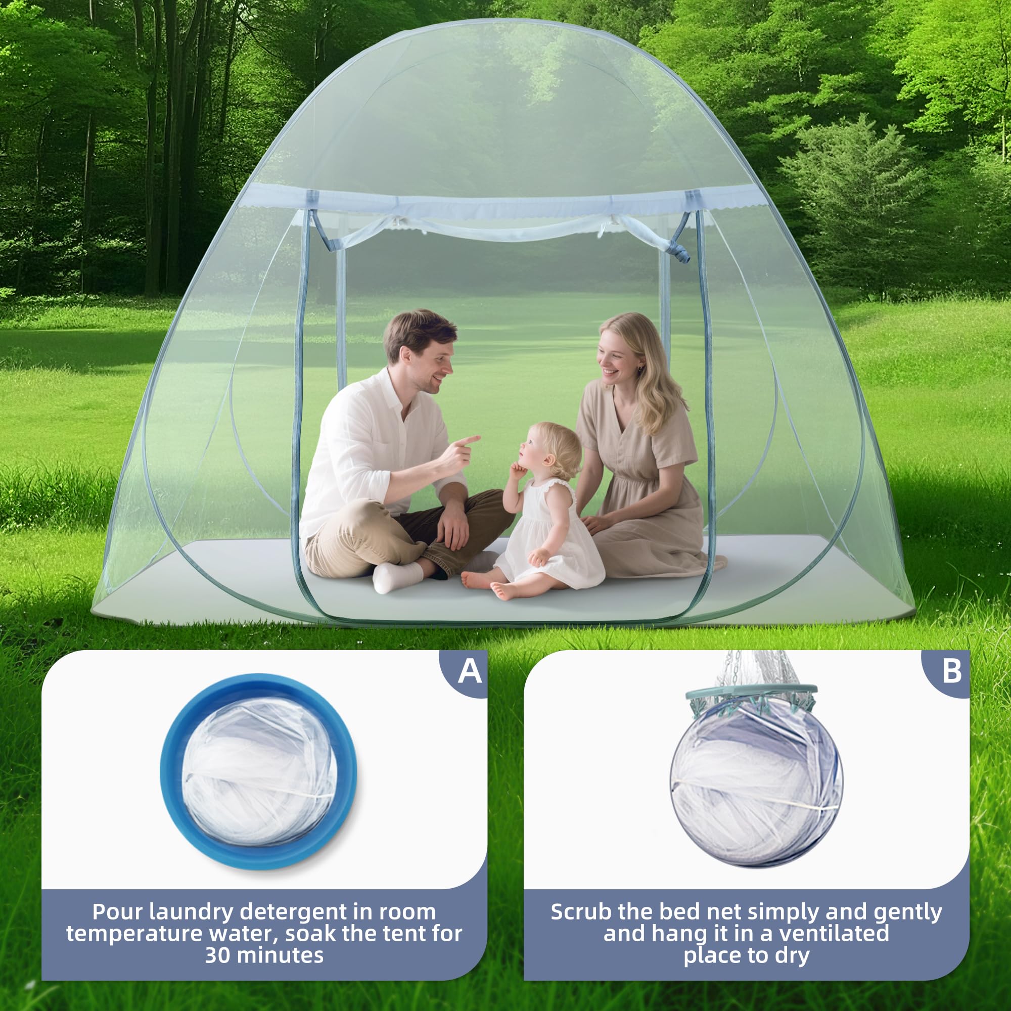 Pop-Up Mosquito Net Tent for Bed, Portable Folding Design Camping Travel Mosquito Tent with Net Bottom for Baby Adults, Easy to Install and Wash for Queen Size Bed 79 x 59 x 59 inch