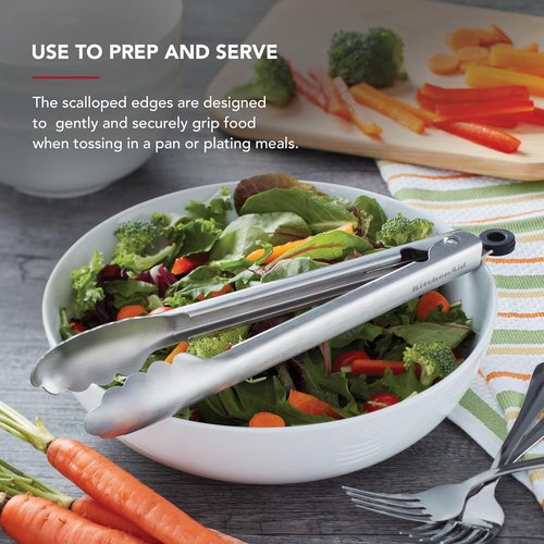 KitchenAid Stainless Steel Tongs Set - Durable Scalloped Edges, Easy Lock, Dishwasher Safe | 7-Inch & 9-Inch Silver