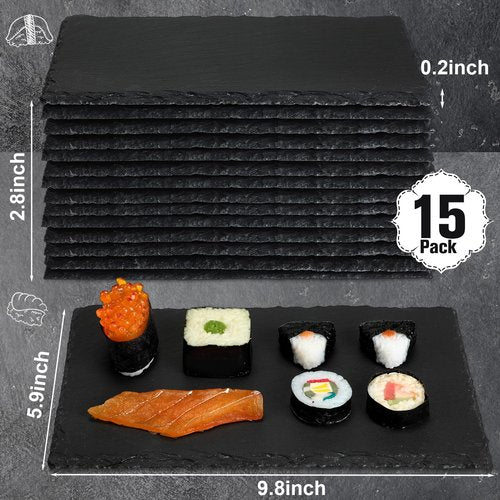 Hoolerry 15 Pcs 10 x 6 Inch Slate Charcuterie Boards Bulk, Mini Slate Cheese Board Black Sushi Platters Individual Stone Serving Tray Plates for Food, Appetizers, Cheese, Meat, Party