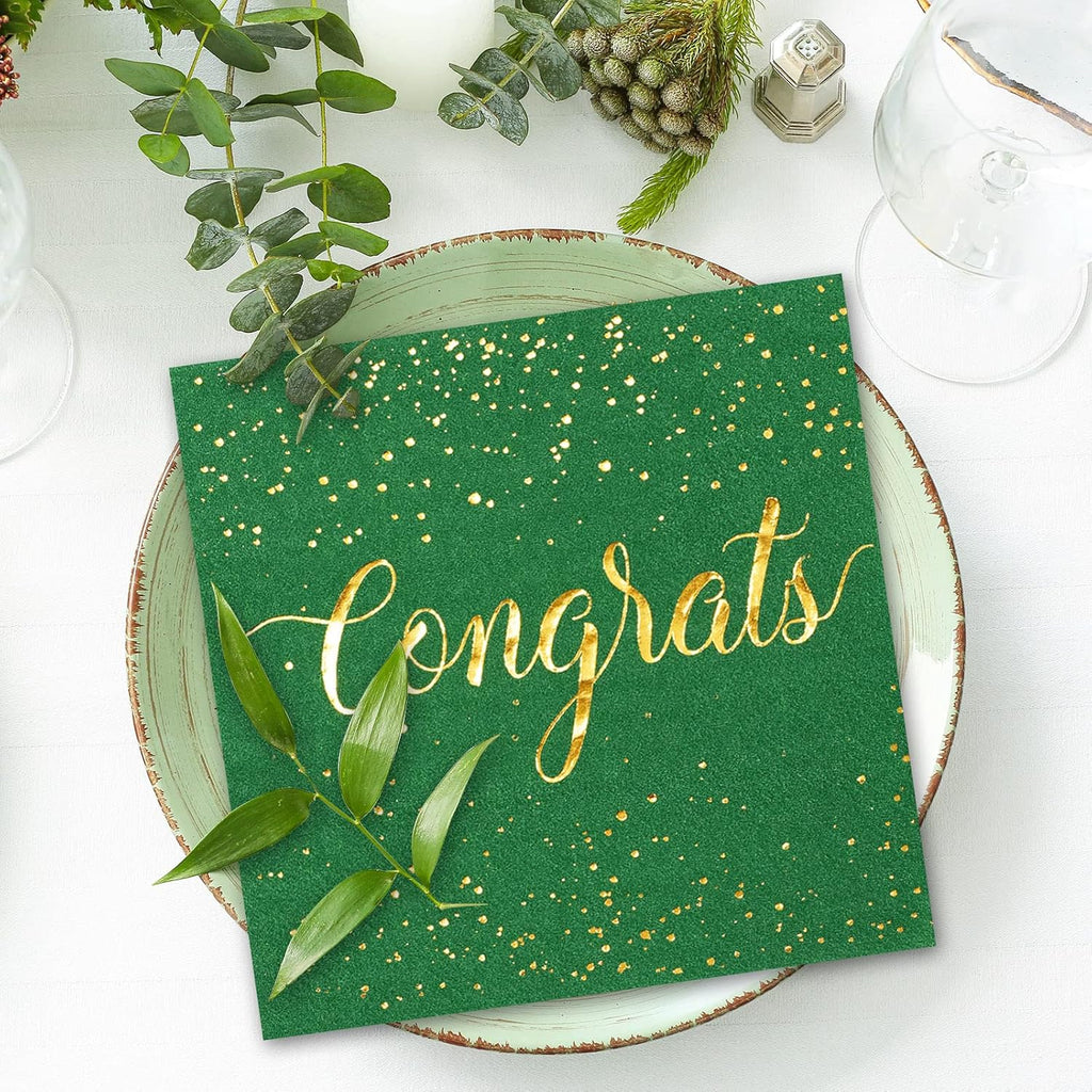 Whaline Graduation Cocktail Napkins - 80 Pack Green & Gold Foil Congrats Design | Disposable Tableware