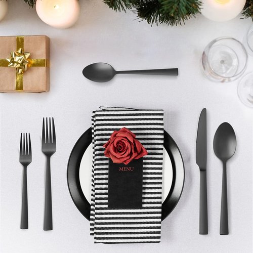 60-Piece Matte Black Silverware Set, E-far Stainless Steel Flatware Set Service for 12, Metal Cutlery Eating Utensils Tableware Includes Forks/Spoons/Knives, Square Edge
