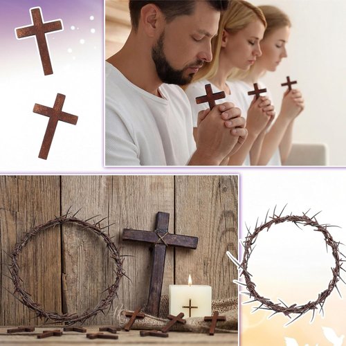 Geelin Easter Crown of Thorns Set - 13 Pcs Mini Wooden Cross & Thorn Wreath | 8'' Christian Decor for Home & Church