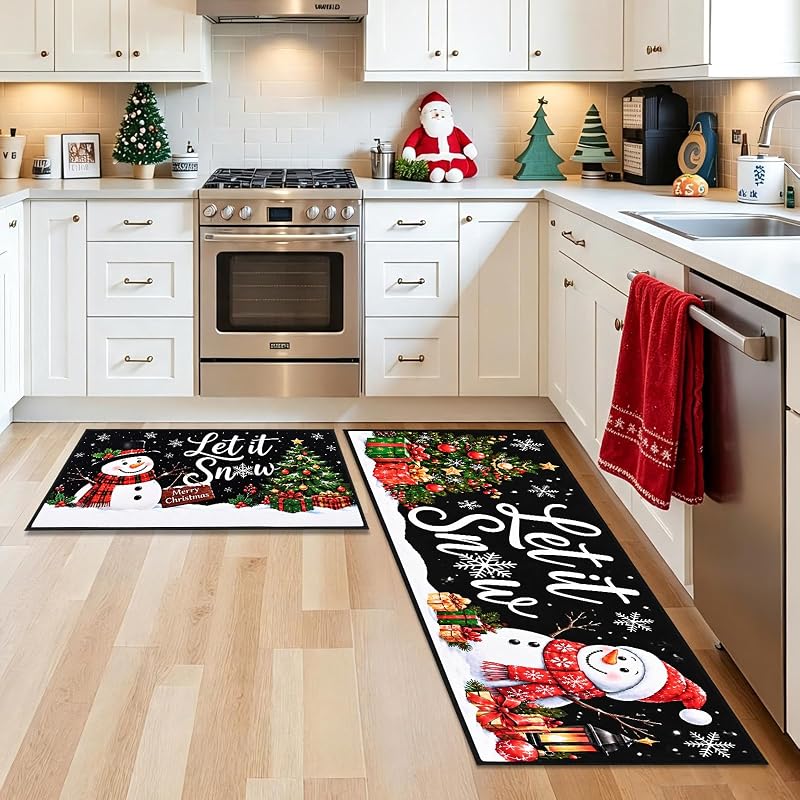Let It Snow Christmas Kitchen Rugs Set of 2 – 17x30 & 17x47 Runner with Non Slip Backing, Snowman Crystal Velvet