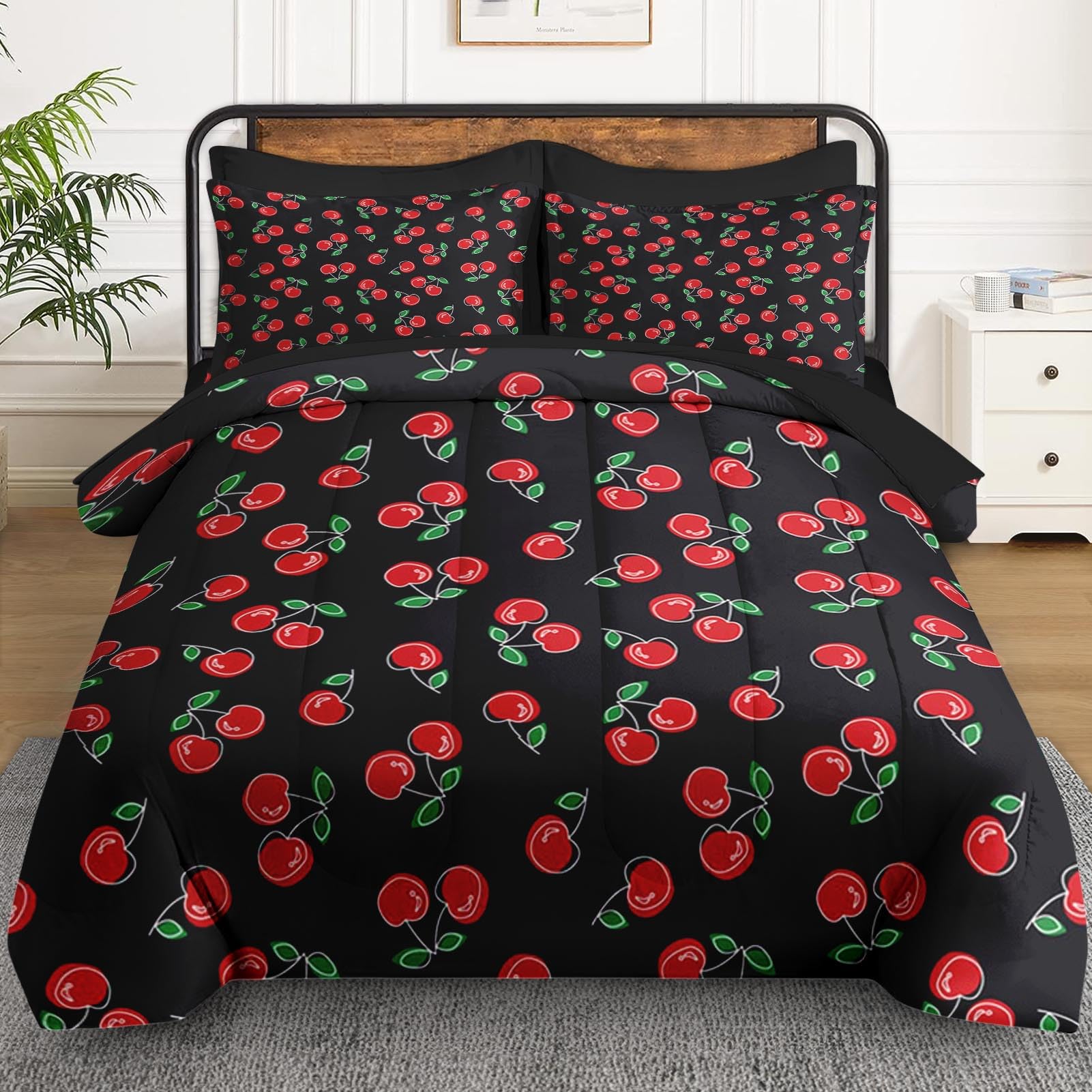 Nesker 7 Pcs Comforter Set Queen Size, Red and Black Bedding for Kids Teen, Cherry Fruit Bed Sheet with Pillowcase & Sham