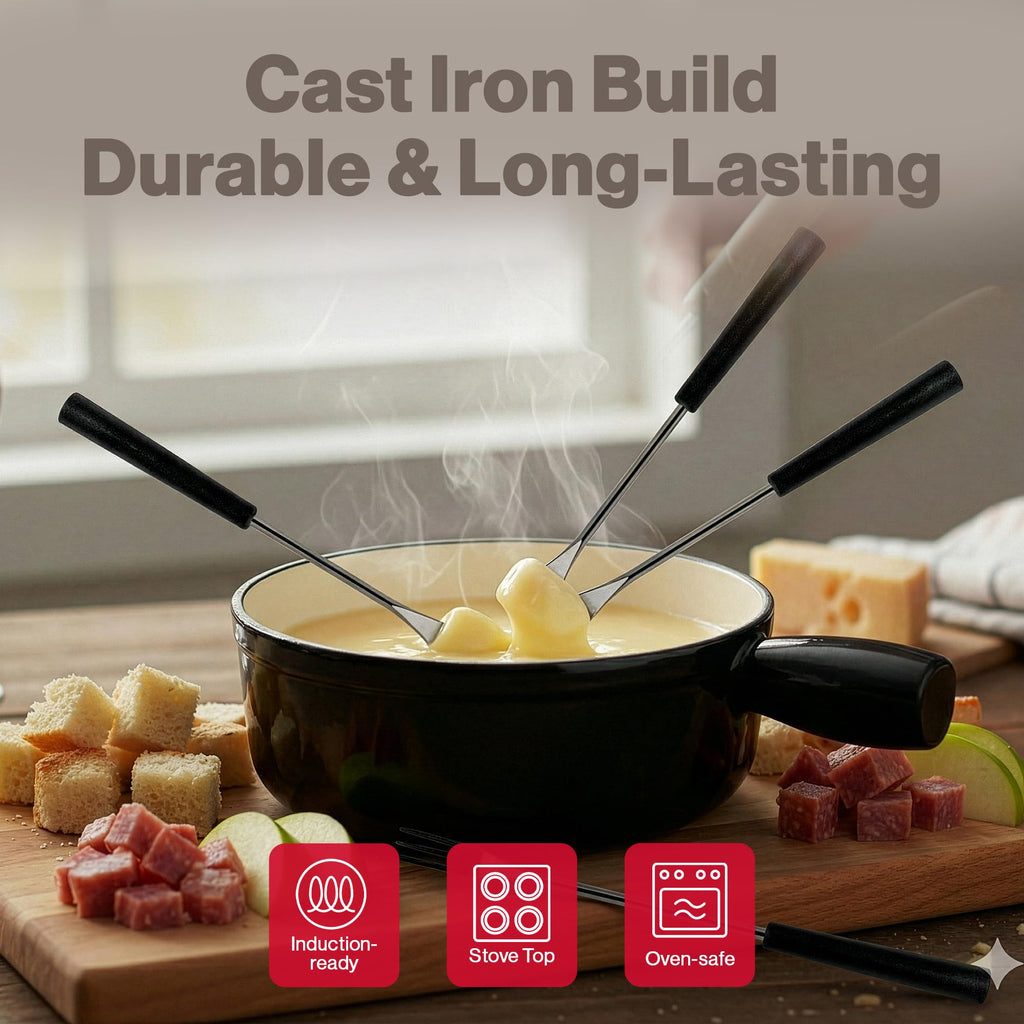 Swissmar Lugano Cast Iron Cheese Fondue Pot Replacement, 2 QT / 2 L – Compatible with Swissmar Lugano Fondue Sets – Ideal for Melting Cheese, Chocolate, & Caramel – Metallic Black