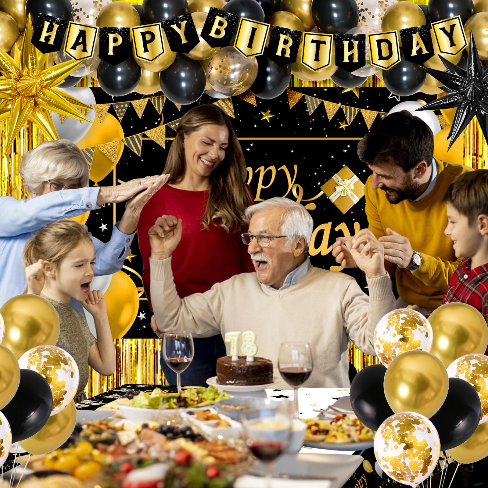 Black and Gold Birthday Decorations for Men Women, Black Gold Party Decorations Kit with Happy Birthday Banner Backdrop Tablecloth Foil Curtains Balloons Arch, Happy Bday Party Supplies for Him
