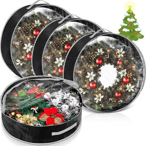 4 Pcs Christmas Wreath Storage Bag - Durable Container with Clear Window & Zipper | 30" Black