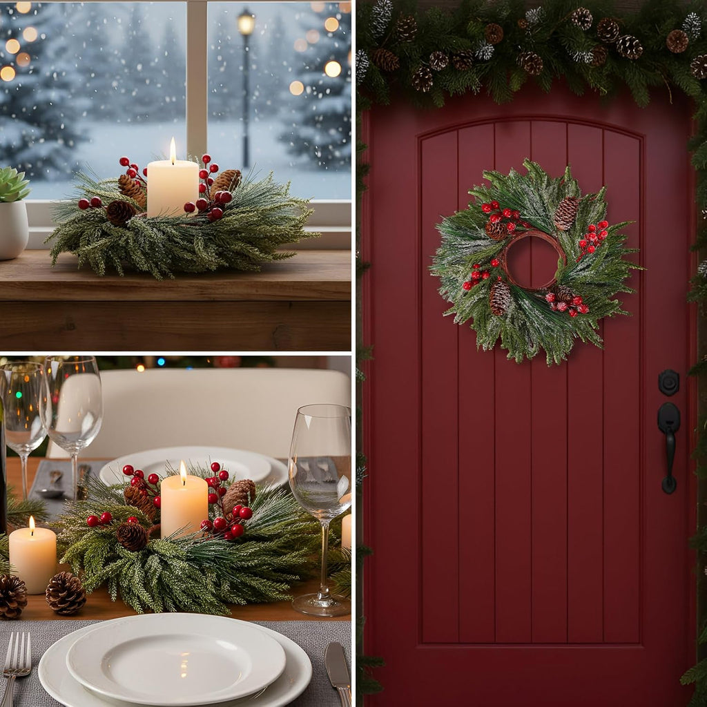 Suncalla Christmas Candle Rings - 8 Pcs Artificial Red Berry Wreaths for Festive Home Decor