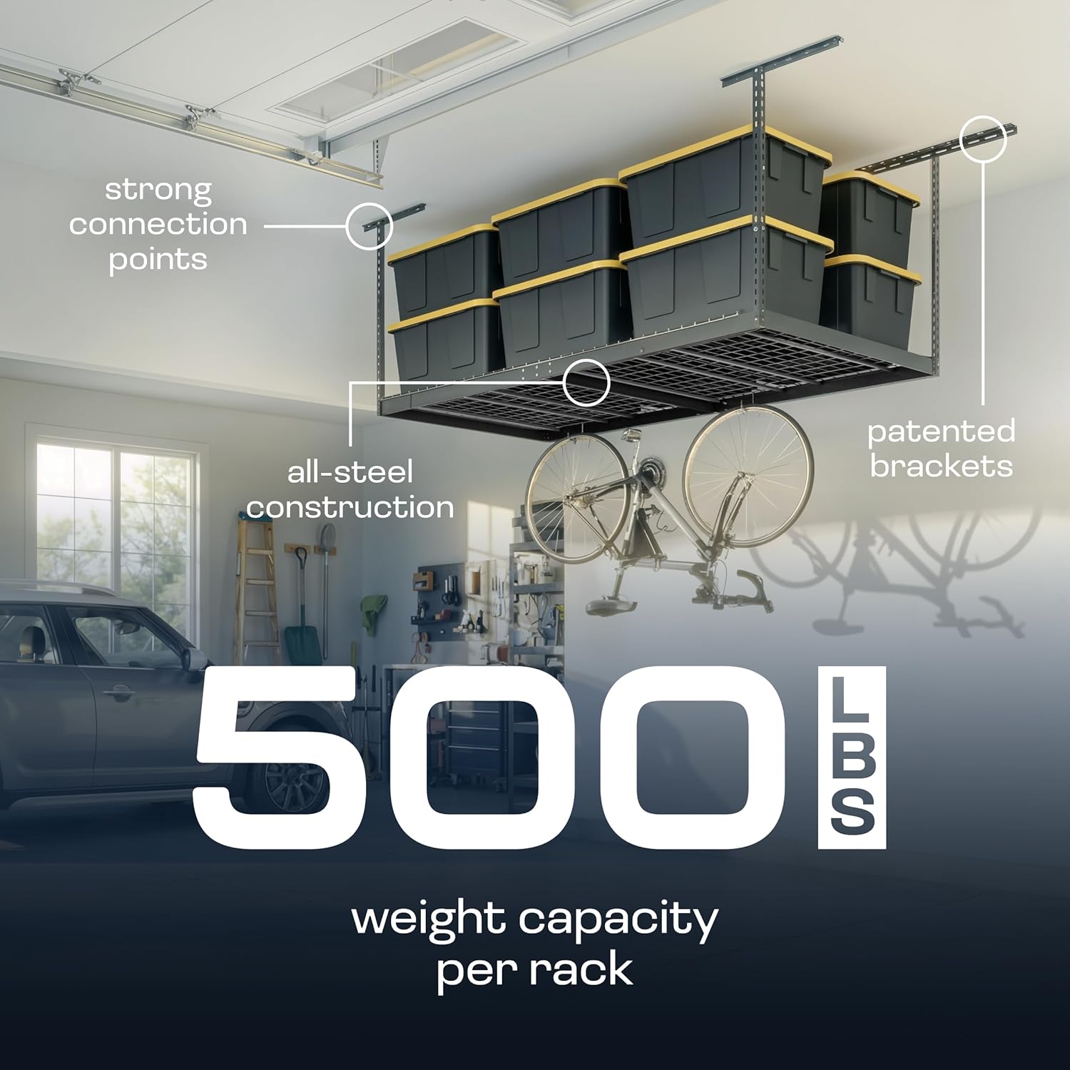 MonsterRax Overhead Garage Storage Rack - 4x8 Ceiling Shelving System with Adjustable Height 24"-45" - Grey