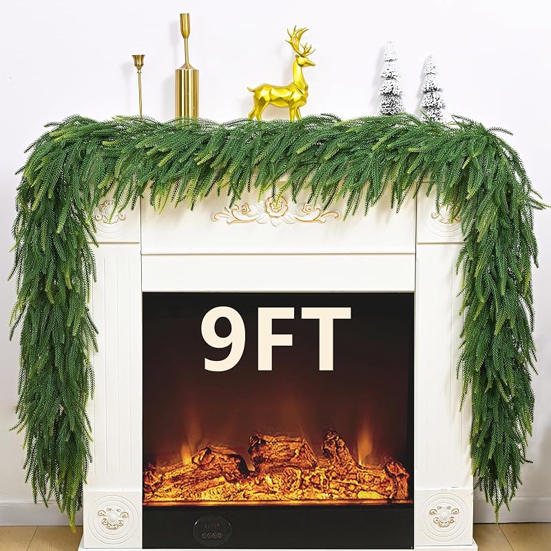 9 ft Cedar Garland with Lights - Realistic Norfolk Pine Christmas Wreath & Decoration