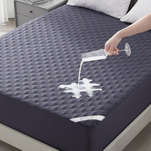 BEDLORE Waterproof Mattress Protector - Noiseless Queen Size Pad with Deep Pocket (6"-18" Depth) | Soft, Breathable, Washable Cover (Navy Blue)