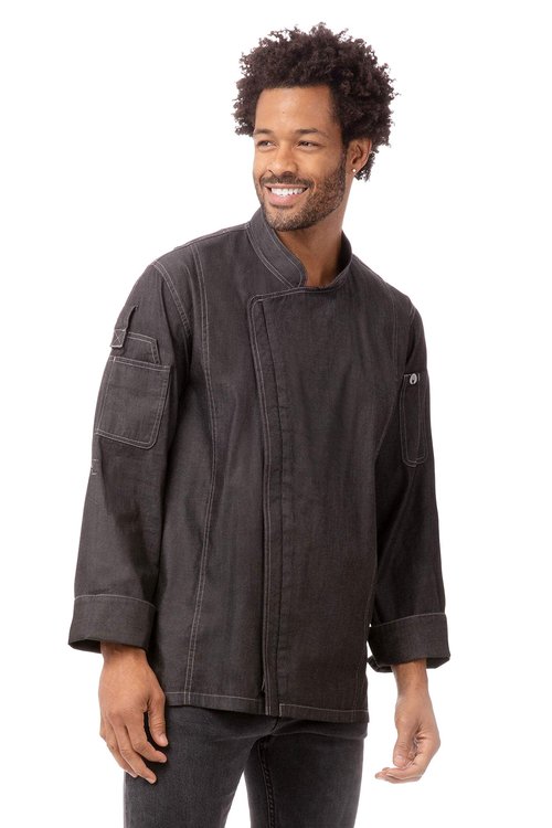 Chef Works Men's Gramercy Denim Chef Coat, Black, Medium