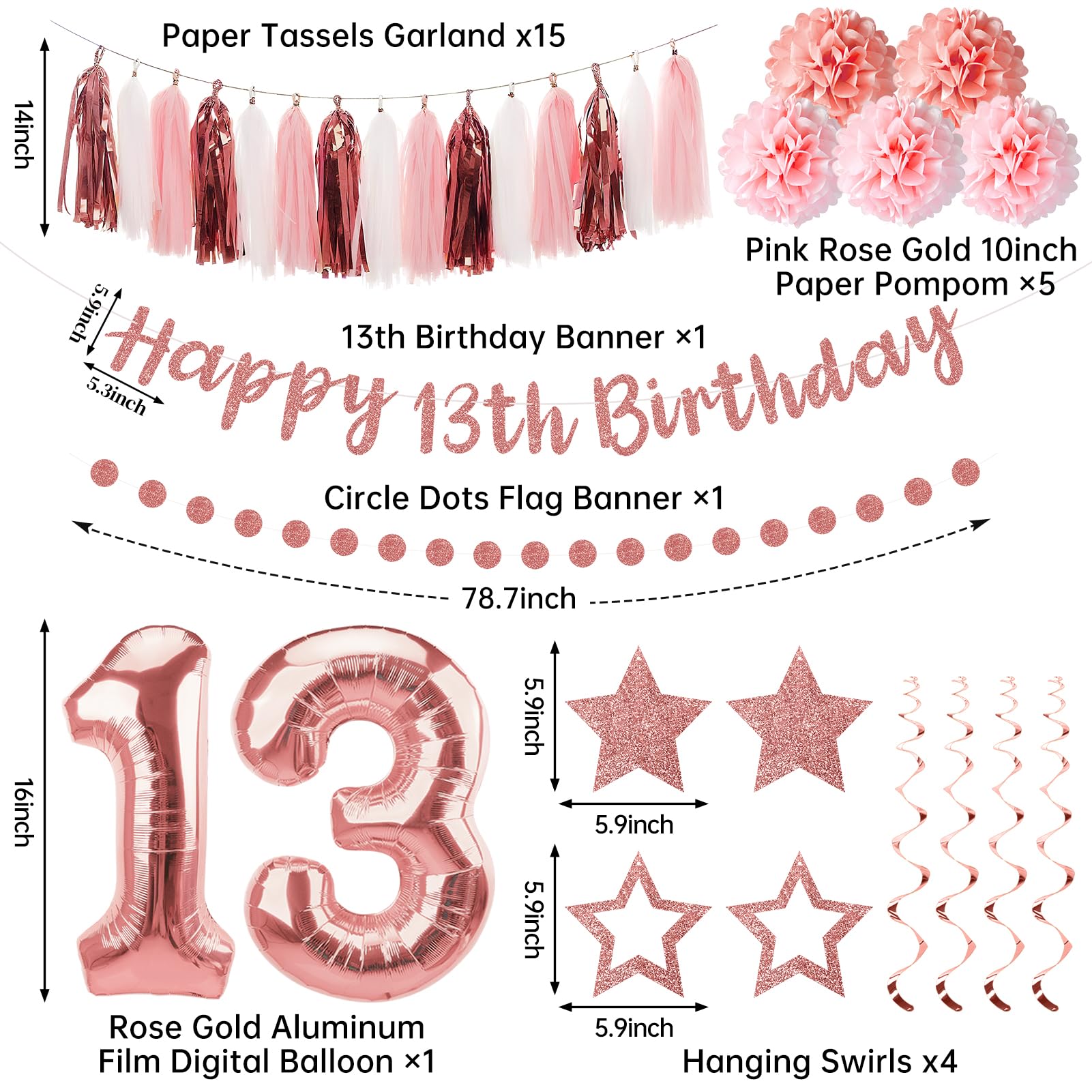 Kuxriox 13Pcs Happy 13th Birthday Decorations for Girls, Pink Rose Gold 13th Birthday Banner and Balloons, Glittery 13 Year Old Bday Tissue Pompoms, Circle Dots Garland, Tassel Garland Party Supplies