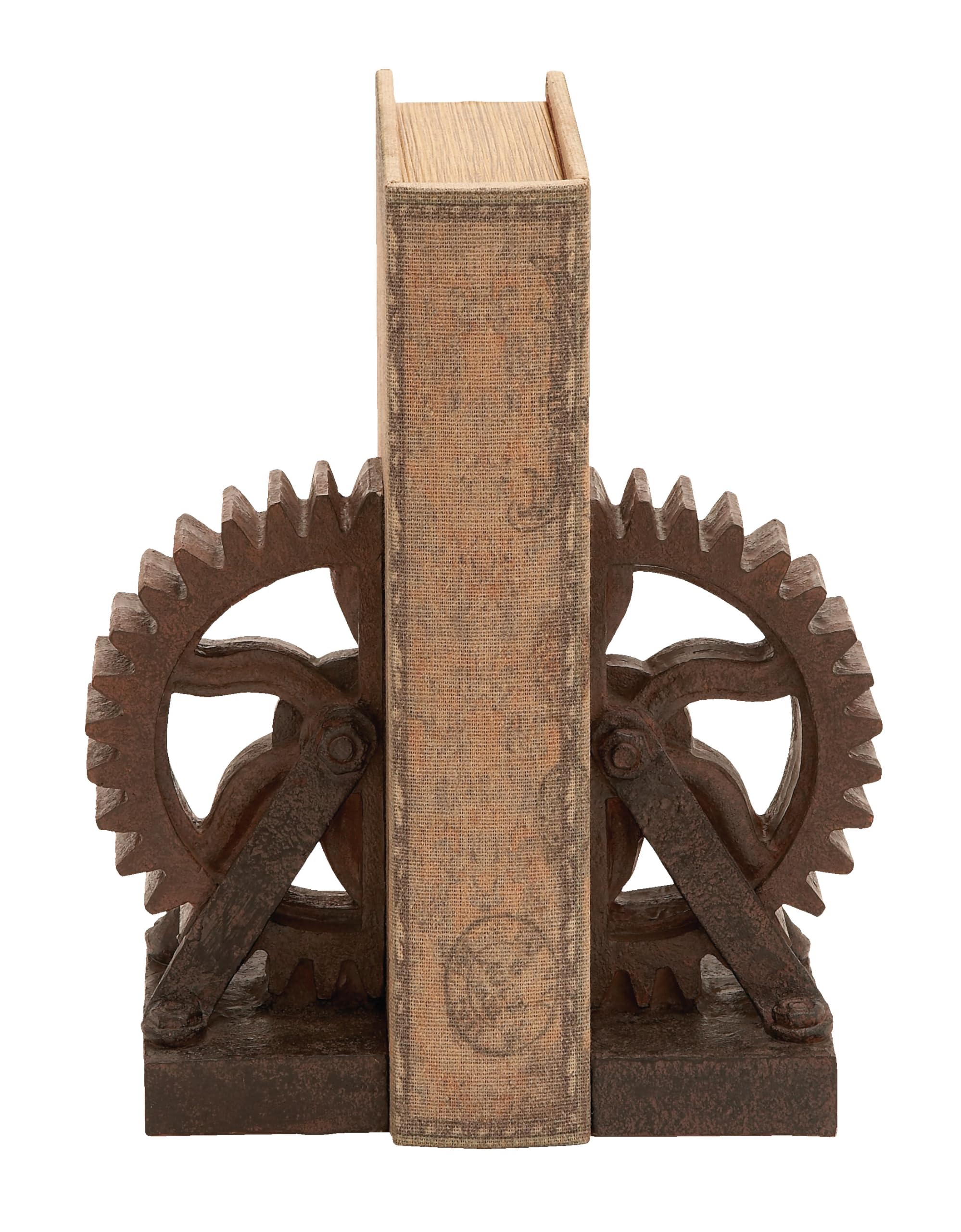 Deco 79 Polystone Decorative Bookends Gear Non Skid Bookends, Set of 2 Office Bookends5"W, 7"H, Brown