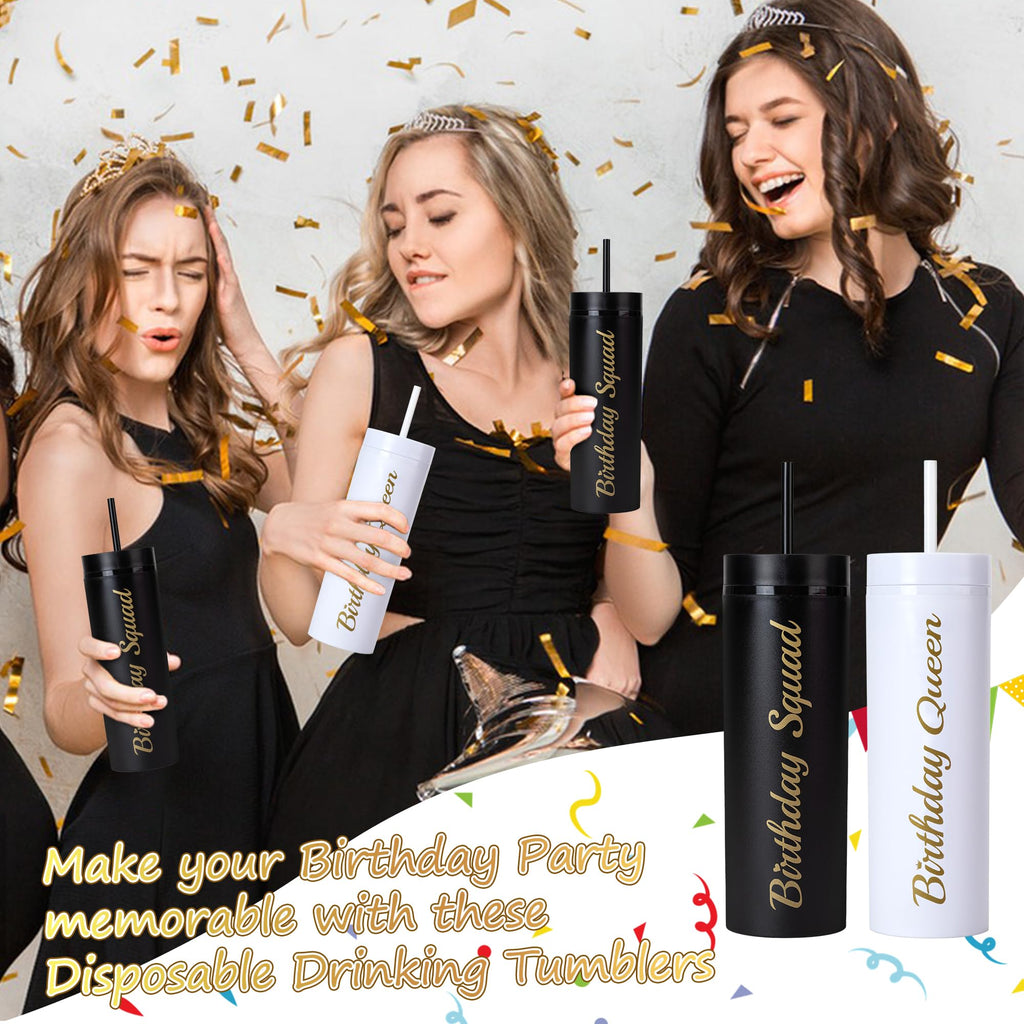 10 Pack Birthday Party Cups 16 oz Double Wall Birthday Squad Tumblers Birthday Queen Plastic Tumbler with Lid and Straws Birthday Cup Women Trip Cups for Women Trip Weekend Birthday Gifts(Black)