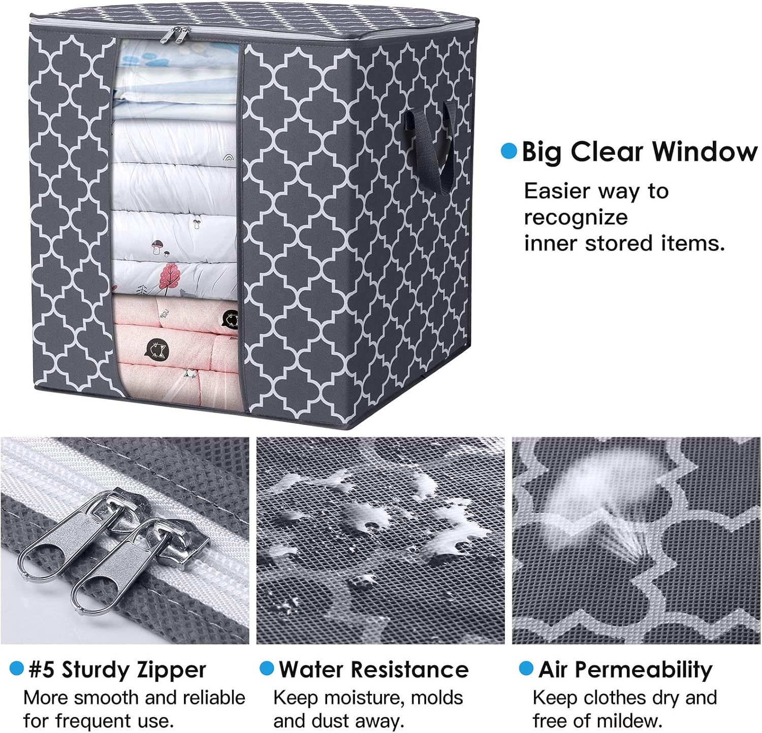 WISELIFE Storage Bags - Large 100L Blanket & Clothes Organizer | Foldable with Reinforced Handles & Clear Window - Gray (3 Pack)