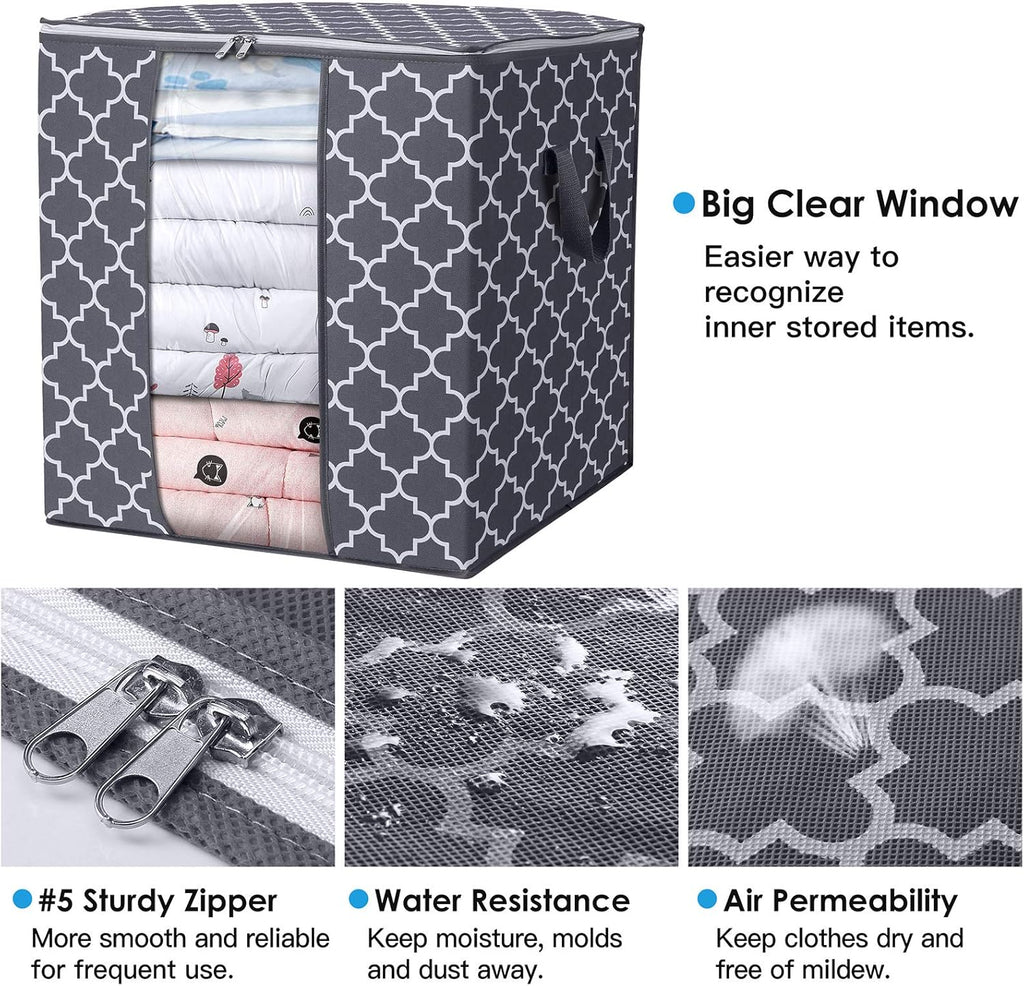 WISELIFE Storage Bags - 4 Pack 100L Large Blanket and Clothes Organizers | Foldable with Reinforced Handles, Clear Window, Gray