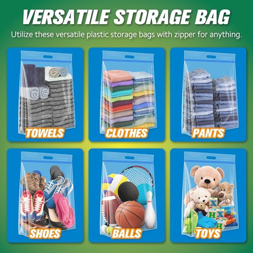 HIBAG Jumbo Storage Bags - 25 Gallon Heavy Duty Resealable Clear Bags with Handle | Extra Large 35” x 24”, Pack of 10