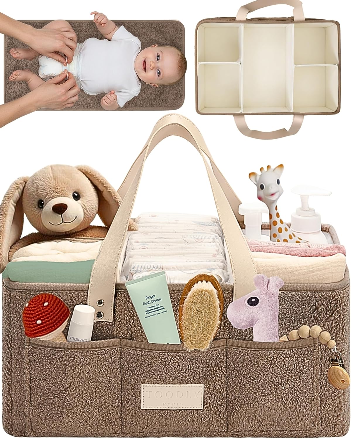 Skiennix Baby Diaper Caddy Organizer - Portable Changing Mat & Removable Dividers - Teddy Fleece Design