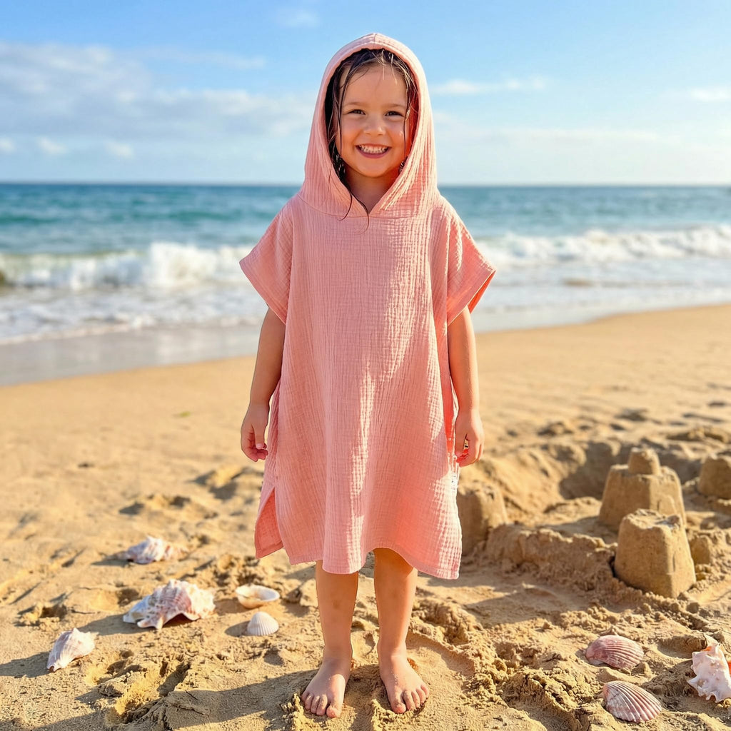 Frienda Muslin Hooded Beach Towel for 3-6 Years Kids Soft Muslin Bath Poncho for Baby Absorbent Fast Drying Blankets for Boys Girls Newborns Toddler Beach Pool Bath Essentials(Pink)