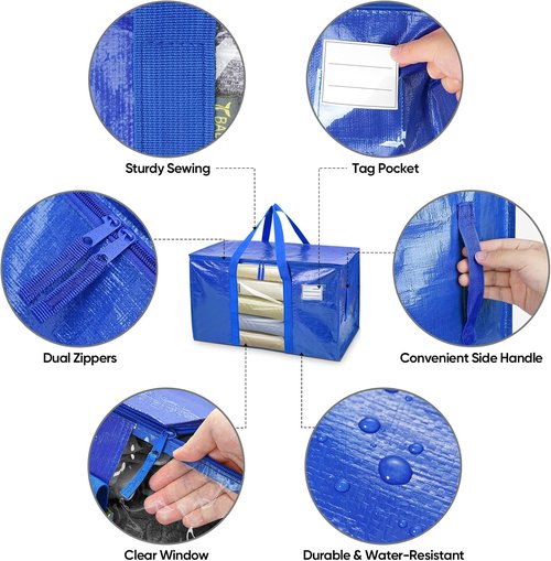 BALEINE 8-Pack Heavy-Duty Moving Bags - Oversized Storage Totes with Reinforced Handles (Blue w/Window)